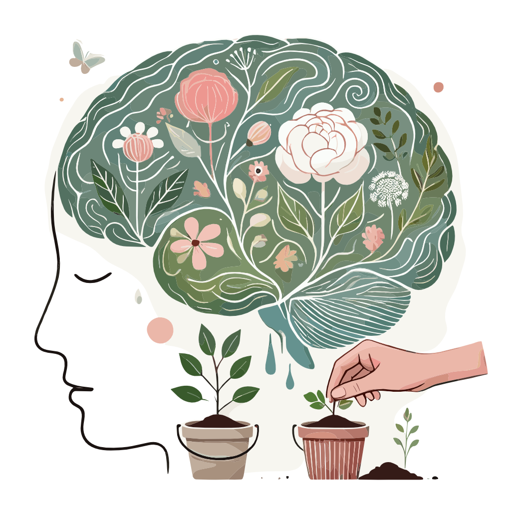 Illustration of a profile with flowers and plants growing through the mind